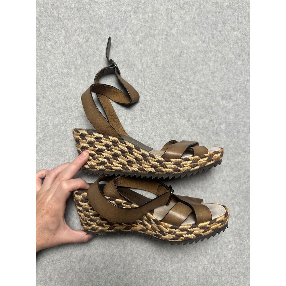 Pedro Garcia Brown Leather Woven Wedge Ankle Wrap Sandals Made in Spain Sz 38